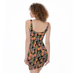 Apricot And Flower Pattern Print Sleeveless Bodycon Dress