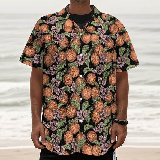 Apricot And Flower Pattern Print Textured Short Sleeve Shirt