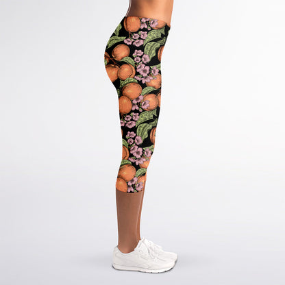 Apricot And Flower Pattern Print Women's Capri Leggings