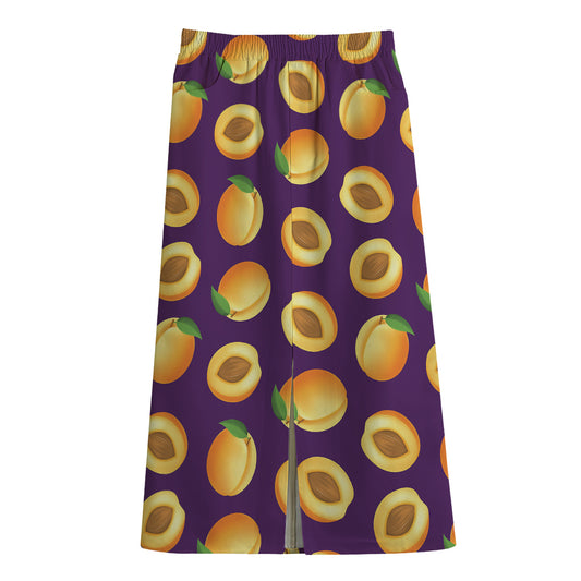 Apricot Fruit Pattern Print Cotton Front Slit Maxi Skirt