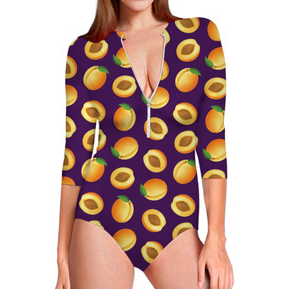 Apricot Fruit Pattern Print Long Sleeve Swimsuit