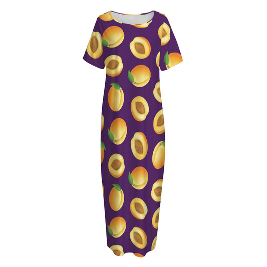 Apricot Fruit Pattern Print Short Sleeve Long Nightdress