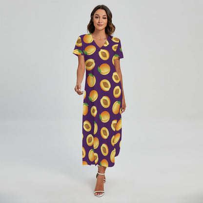 Apricot Fruit Pattern Print Short Sleeve Maxi Dress