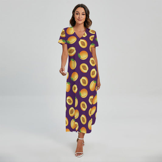 Apricot Fruit Pattern Print Short Sleeve Maxi Dress