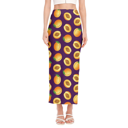 Apricot Fruit Pattern Print Side Slit Maxi Skirt