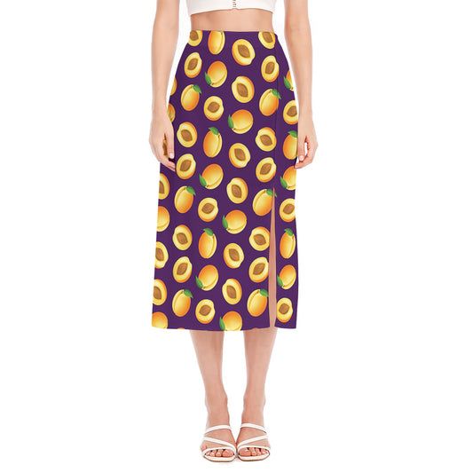 Apricot Fruit Pattern Print Side Slit Midi Skirt