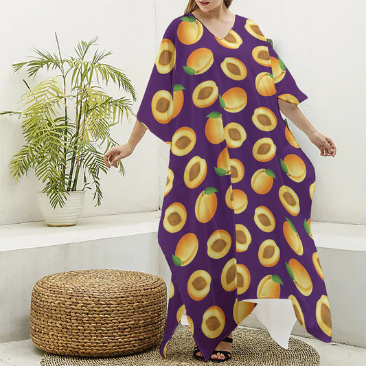 Apricot Fruit Pattern Print Silk V-Neck Kaftan Dress