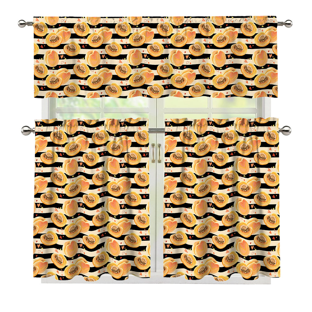 Apricot Fruit Striped Pattern Print 3 Piece Kitchen Curtains