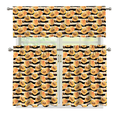 Apricot Fruit Striped Pattern Print 3 Piece Kitchen Curtains