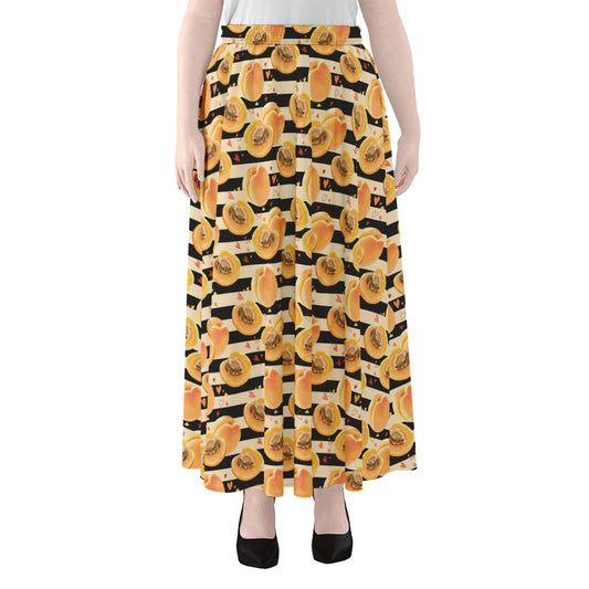 Apricot Fruit Striped Pattern Print Chiffon Maxi Skirt