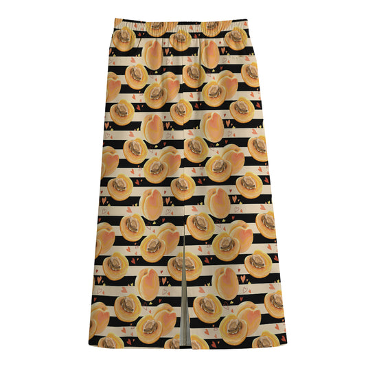 Apricot Fruit Striped Pattern Print Cotton Front Slit Maxi Skirt