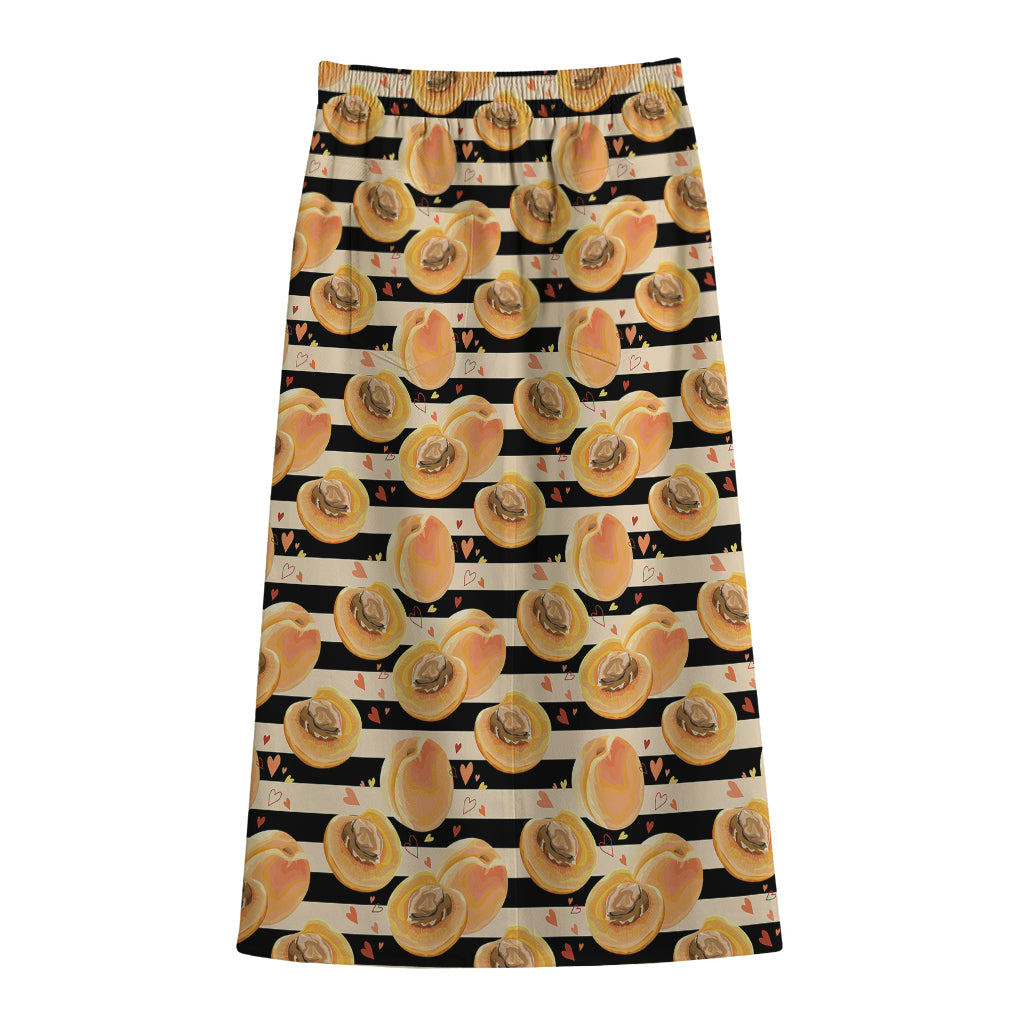 Apricot Fruit Striped Pattern Print Cotton Front Slit Maxi Skirt