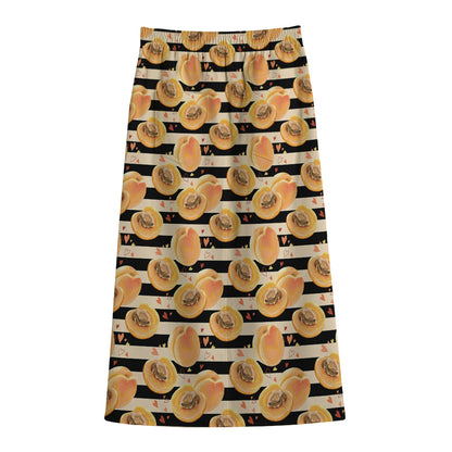 Apricot Fruit Striped Pattern Print Cotton Front Slit Maxi Skirt