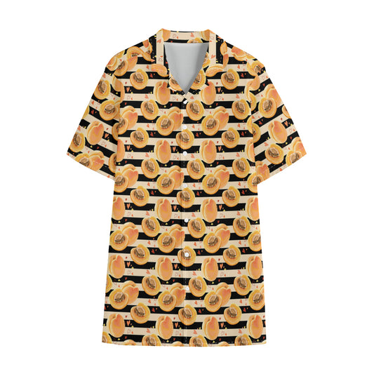 Apricot Fruit Striped Pattern Print Cotton Hawaiian Shirt