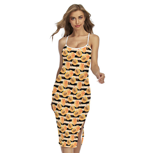 Apricot Fruit Striped Pattern Print Cross Back Cami Dress