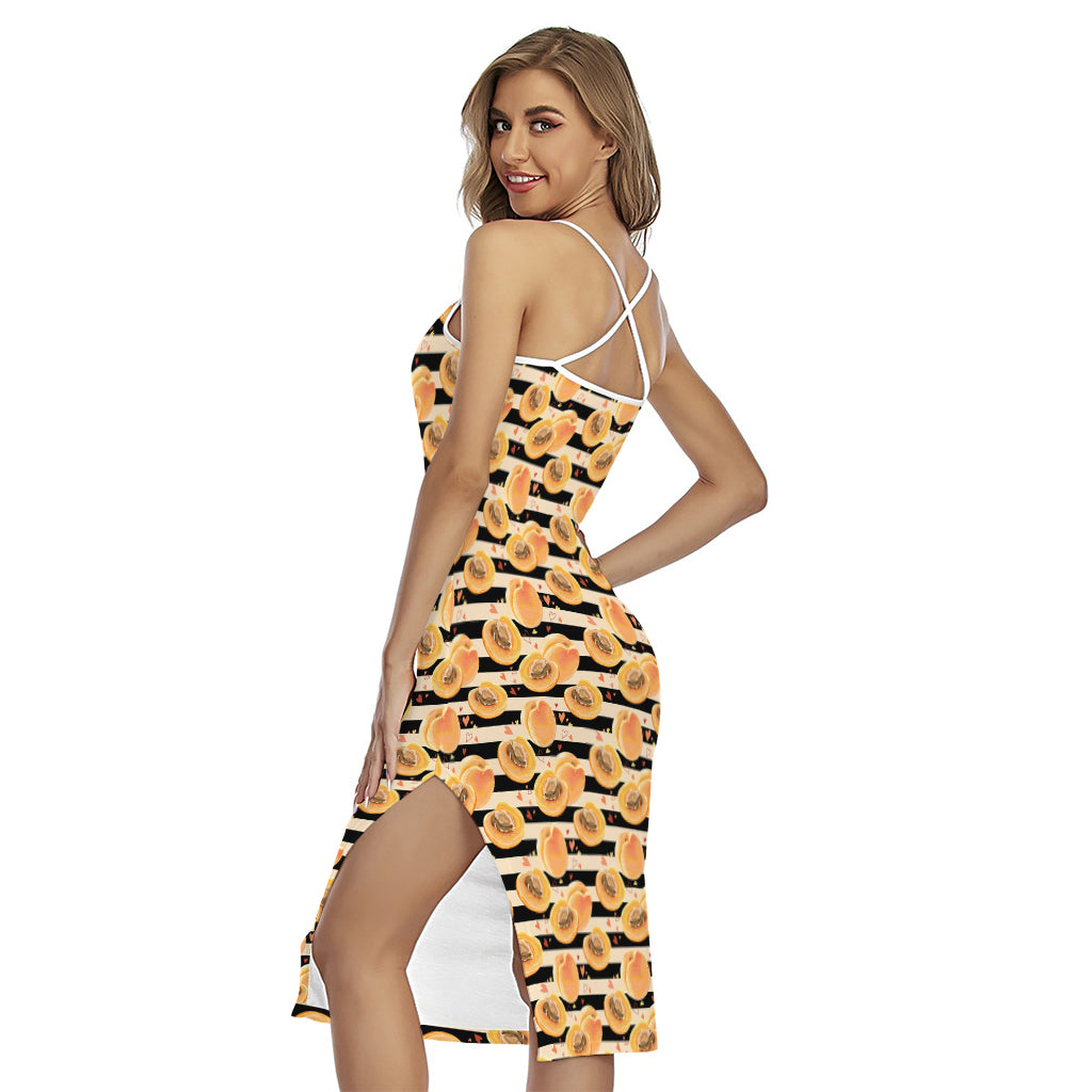 Apricot Fruit Striped Pattern Print Cross Back Cami Dress