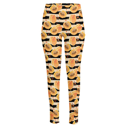 Apricot Fruit Striped Pattern Print High-Waisted Pocket Leggings