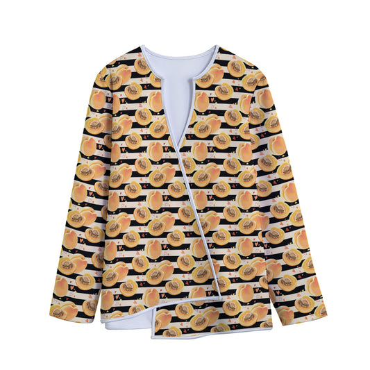 Apricot Fruit Striped Pattern Print Long Sleeve Short Coat