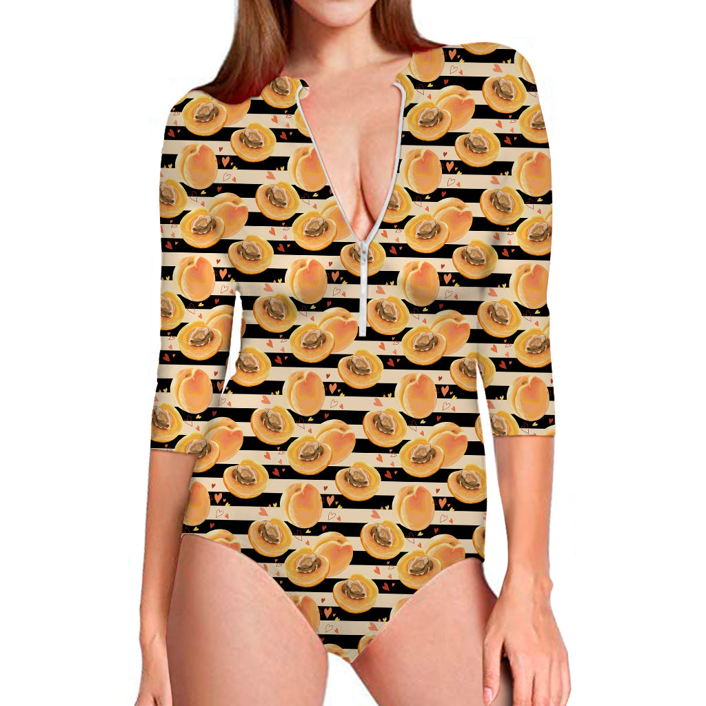 Apricot Fruit Striped Pattern Print Long Sleeve Swimsuit