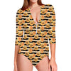 Apricot Fruit Striped Pattern Print Long Sleeve Swimsuit