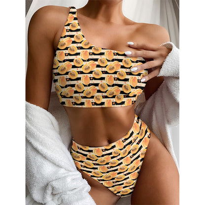 Apricot Fruit Striped Pattern Print One Shoulder Bikini Top