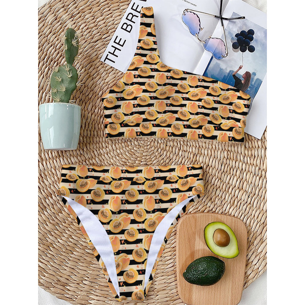 Apricot Fruit Striped Pattern Print One Shoulder Bikini Top