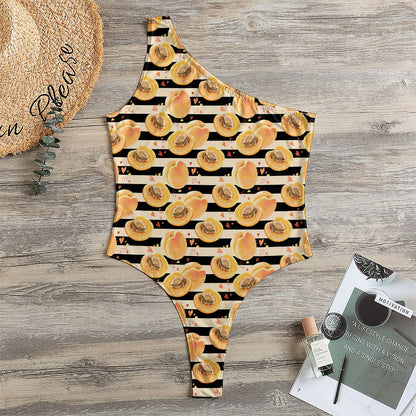 Apricot Fruit Striped Pattern Print One Shoulder Bodysuit