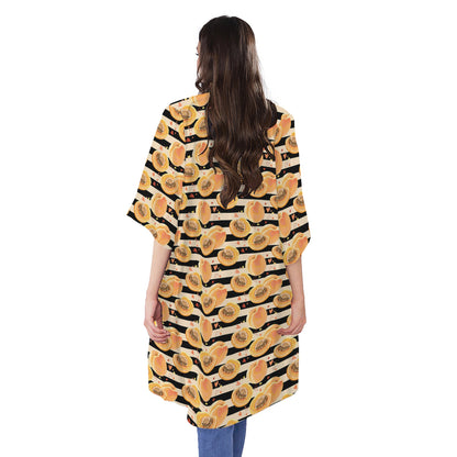 Apricot Fruit Striped Pattern Print Open Front Beach Cover Up