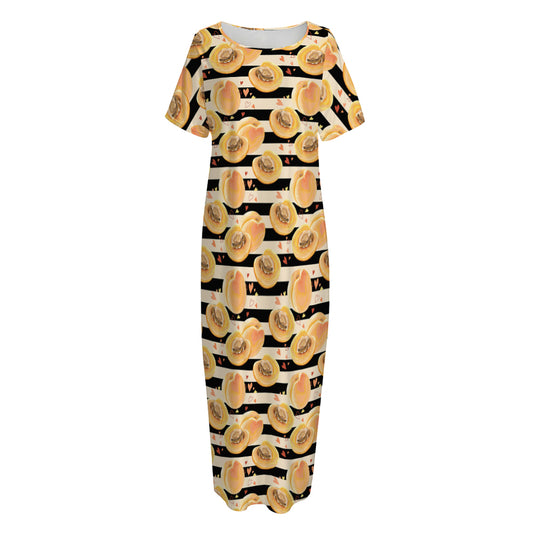 Apricot Fruit Striped Pattern Print Short Sleeve Long Nightdress