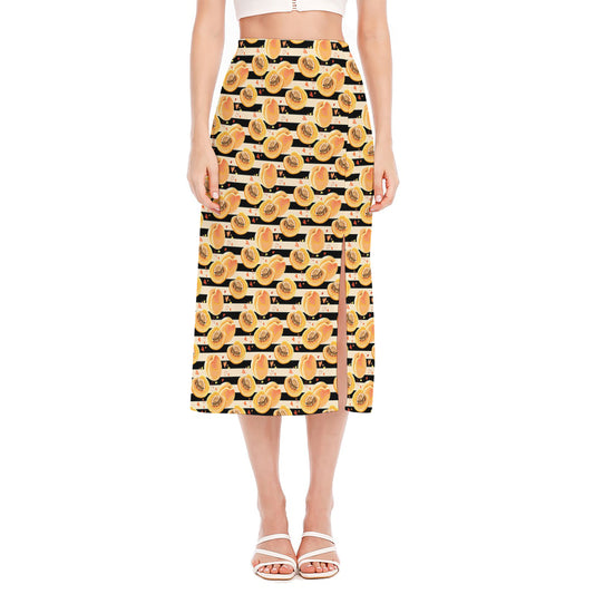 Apricot Fruit Striped Pattern Print Side Slit Midi Skirt