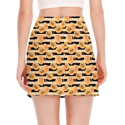 Apricot Fruit Striped Pattern Print Side Slit Mini Skirt