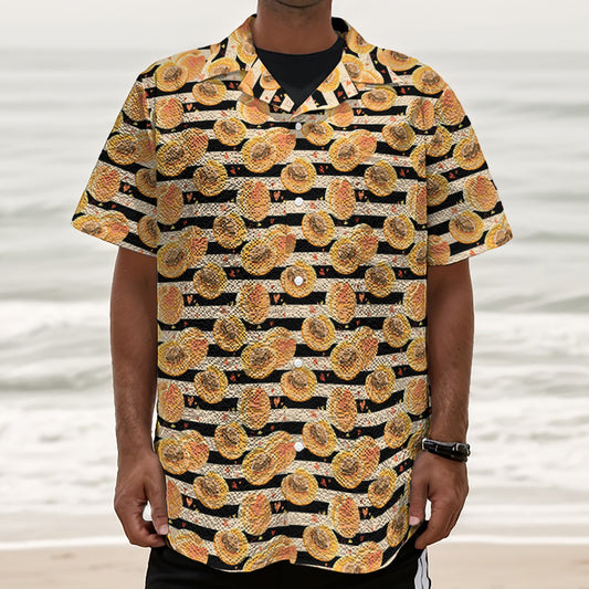 Apricot Fruit Striped Pattern Print Textured Short Sleeve Shirt