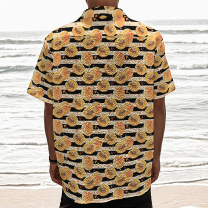 Apricot Fruit Striped Pattern Print Textured Short Sleeve Shirt