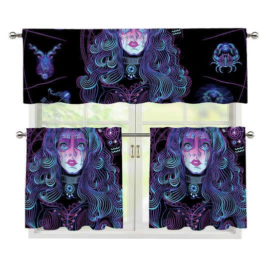 Aquarius And Astrological Signs Print 3 Piece Kitchen Curtains