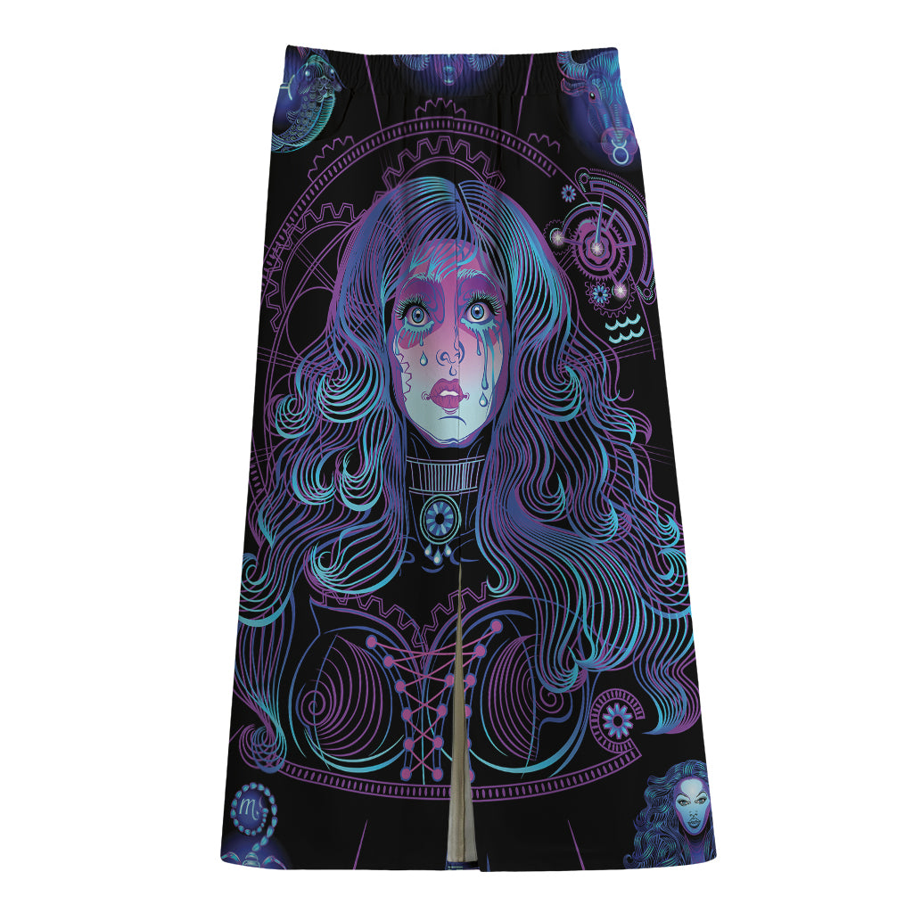 Aquarius And Astrological Signs Print Cotton Front Slit Maxi Skirt