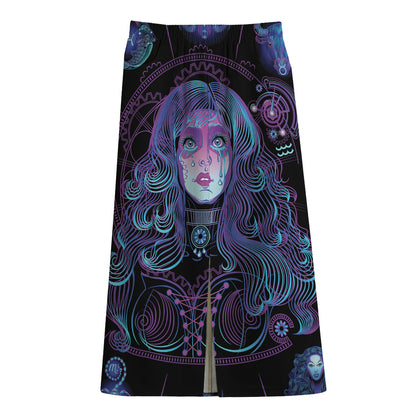 Aquarius And Astrological Signs Print Cotton Front Slit Maxi Skirt
