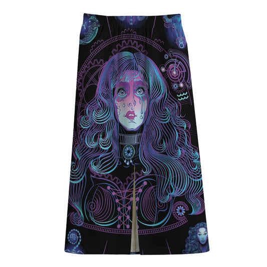 Aquarius And Astrological Signs Print Cotton Front Slit Maxi Skirt