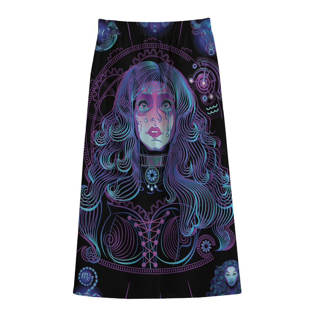 Aquarius And Astrological Signs Print Cotton Front Slit Maxi Skirt