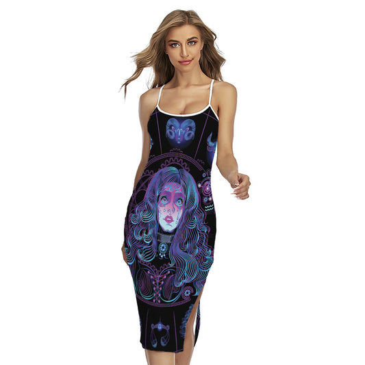 Aquarius And Astrological Signs Print Cross Back Cami Dress
