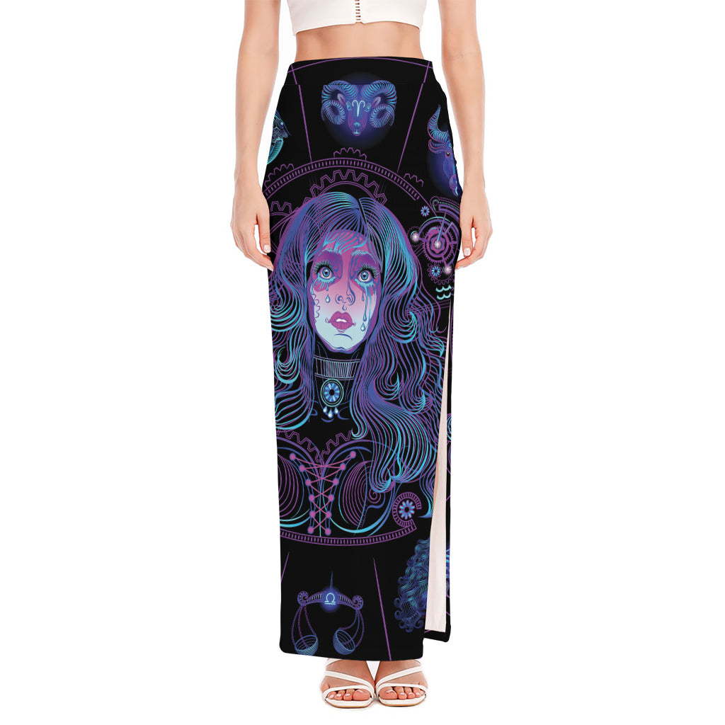 Aquarius And Astrological Signs Print High Slit Maxi Skirt