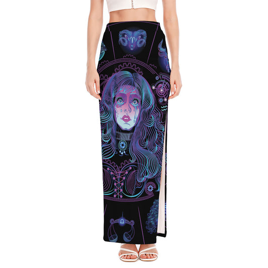 Aquarius And Astrological Signs Print High Slit Maxi Skirt