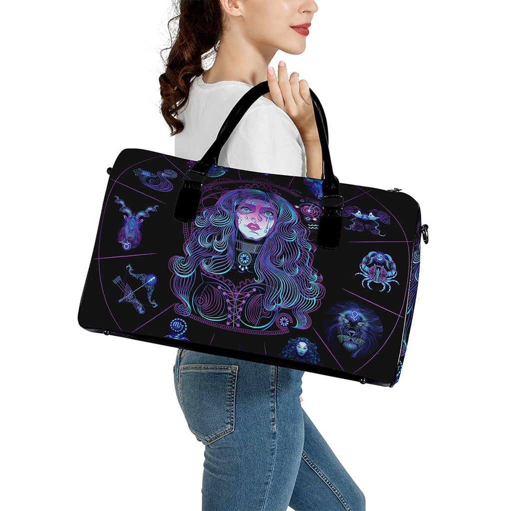 Aquarius And Astrological Signs Print Leather Duffle Bag