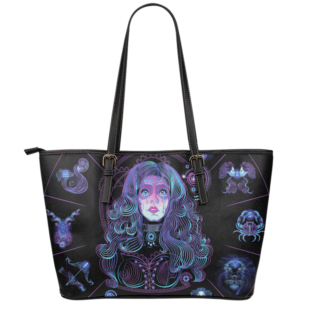 Aquarius And Astrological Signs Print Leather Tote Bag