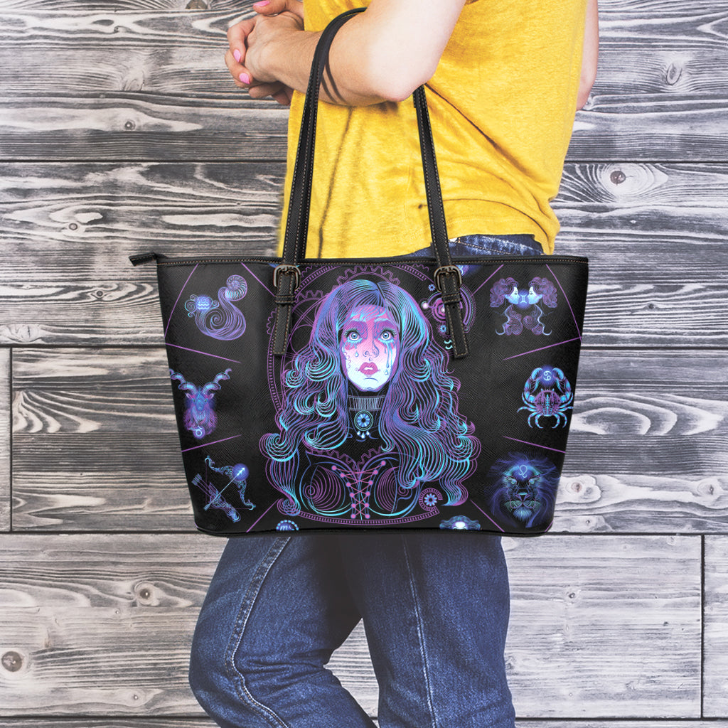 Aquarius And Astrological Signs Print Leather Tote Bag
