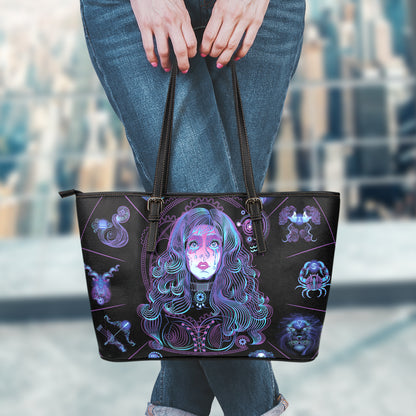 Aquarius And Astrological Signs Print Leather Tote Bag