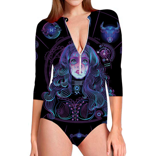 Aquarius And Astrological Signs Print Long Sleeve Swimsuit