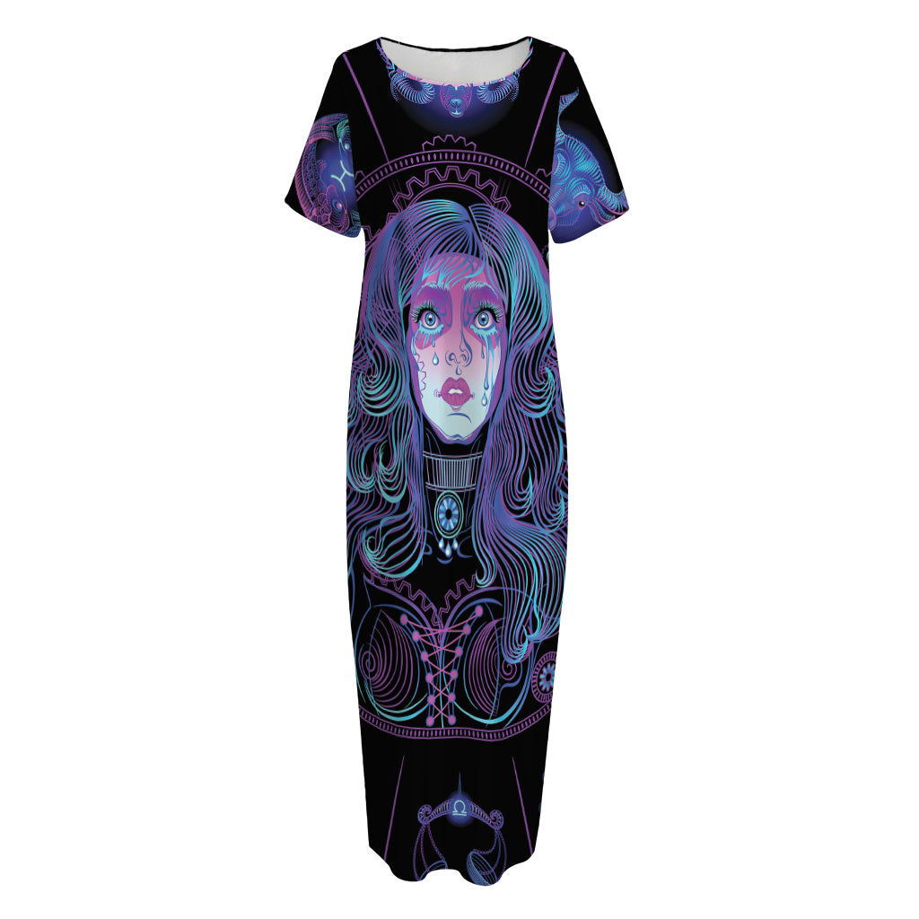 Aquarius And Astrological Signs Print Short Sleeve Long Nightdress