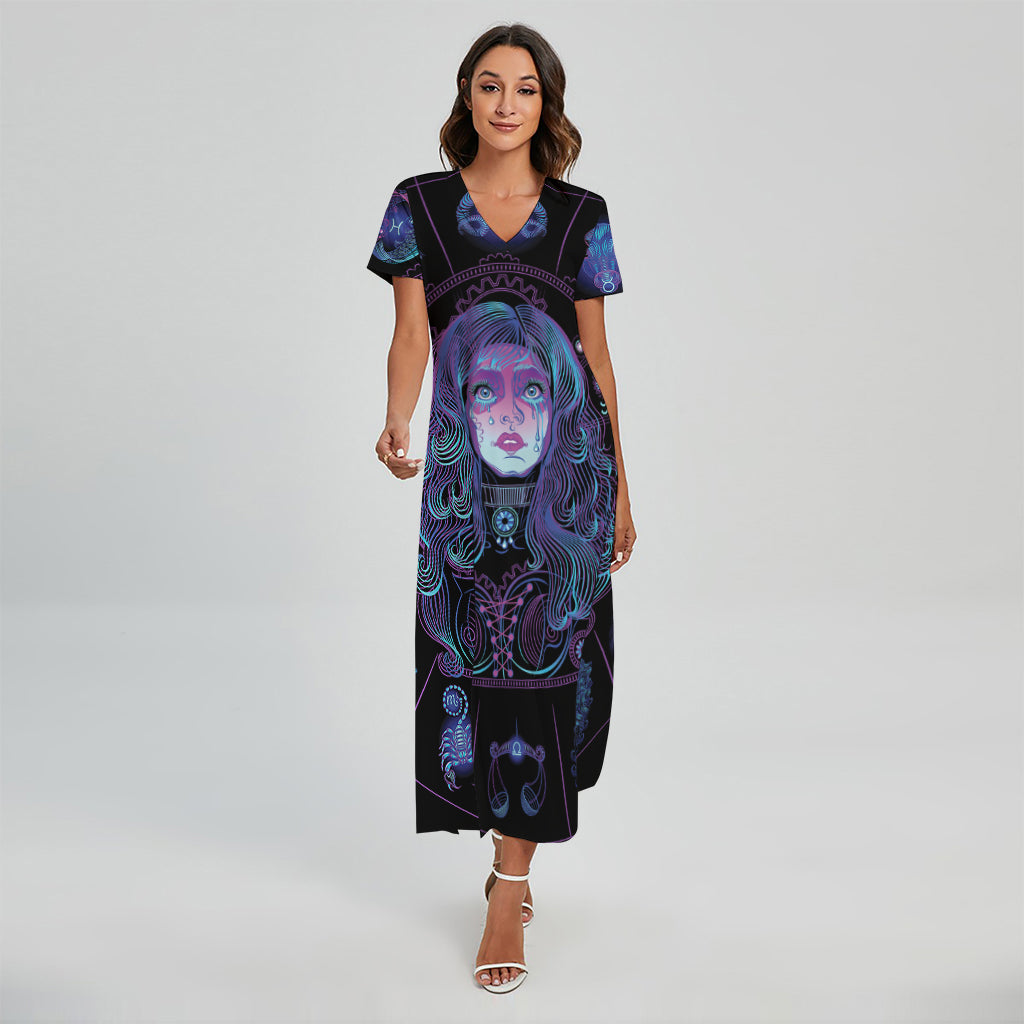 Aquarius And Astrological Signs Print Short Sleeve Maxi Dress