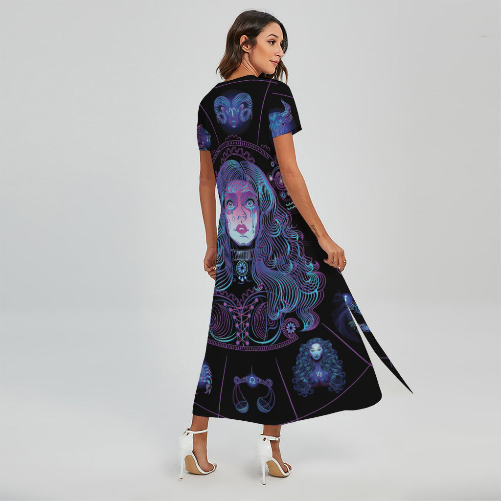 Aquarius And Astrological Signs Print Short Sleeve Maxi Dress