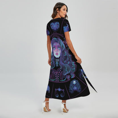 Aquarius And Astrological Signs Print Short Sleeve Maxi Dress